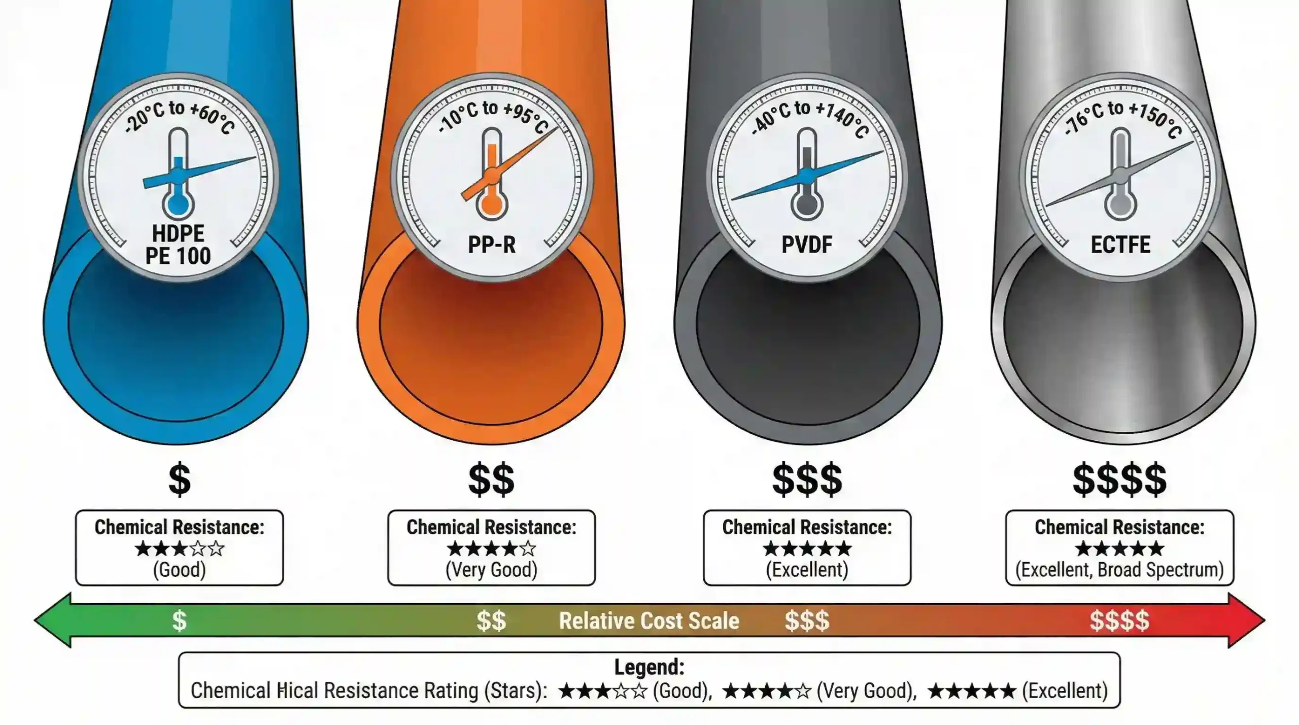 Comparativa materiales termoplásticos: HDPE, PP-R, PVDF, ECTFE - Rangos temperatura y costo relativo