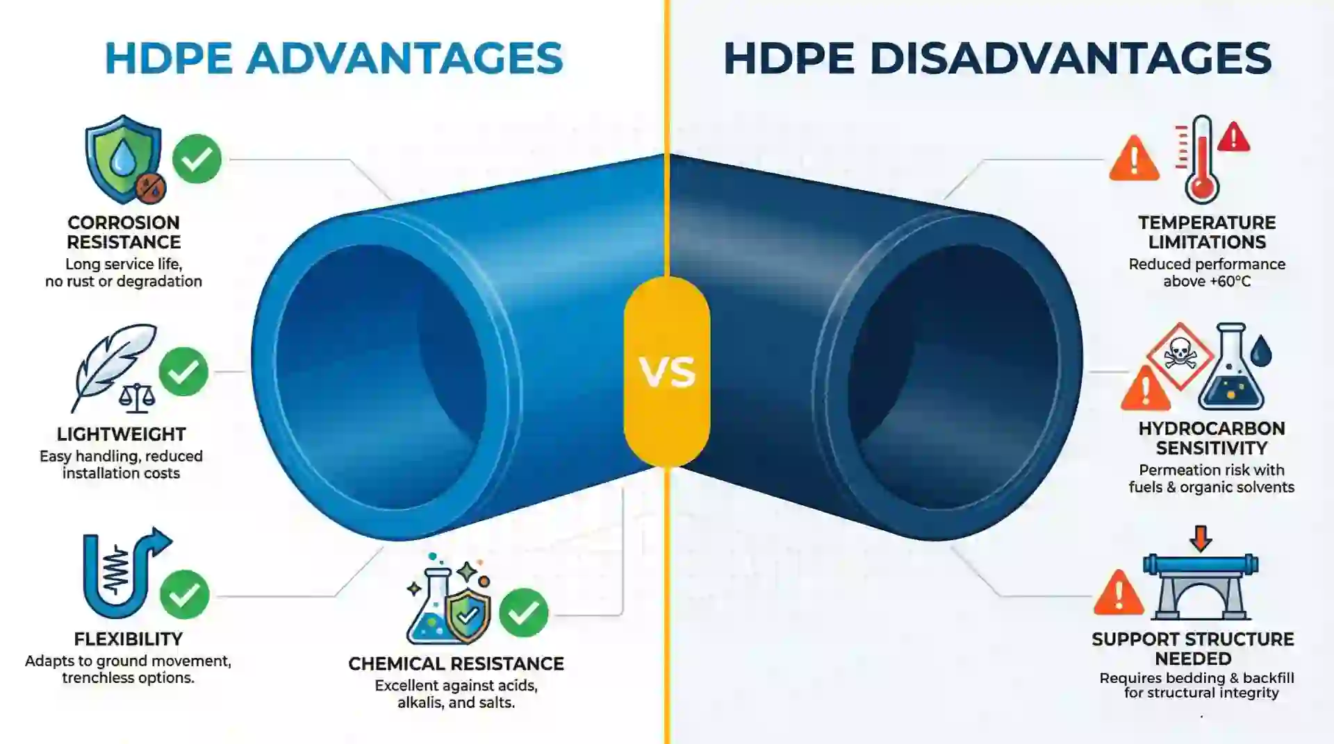 Comparación visual de ventajas y desventajas del HDPE: resistencia a corrosión, flexibilidad y limitaciones de temperatura en tuberías industriales