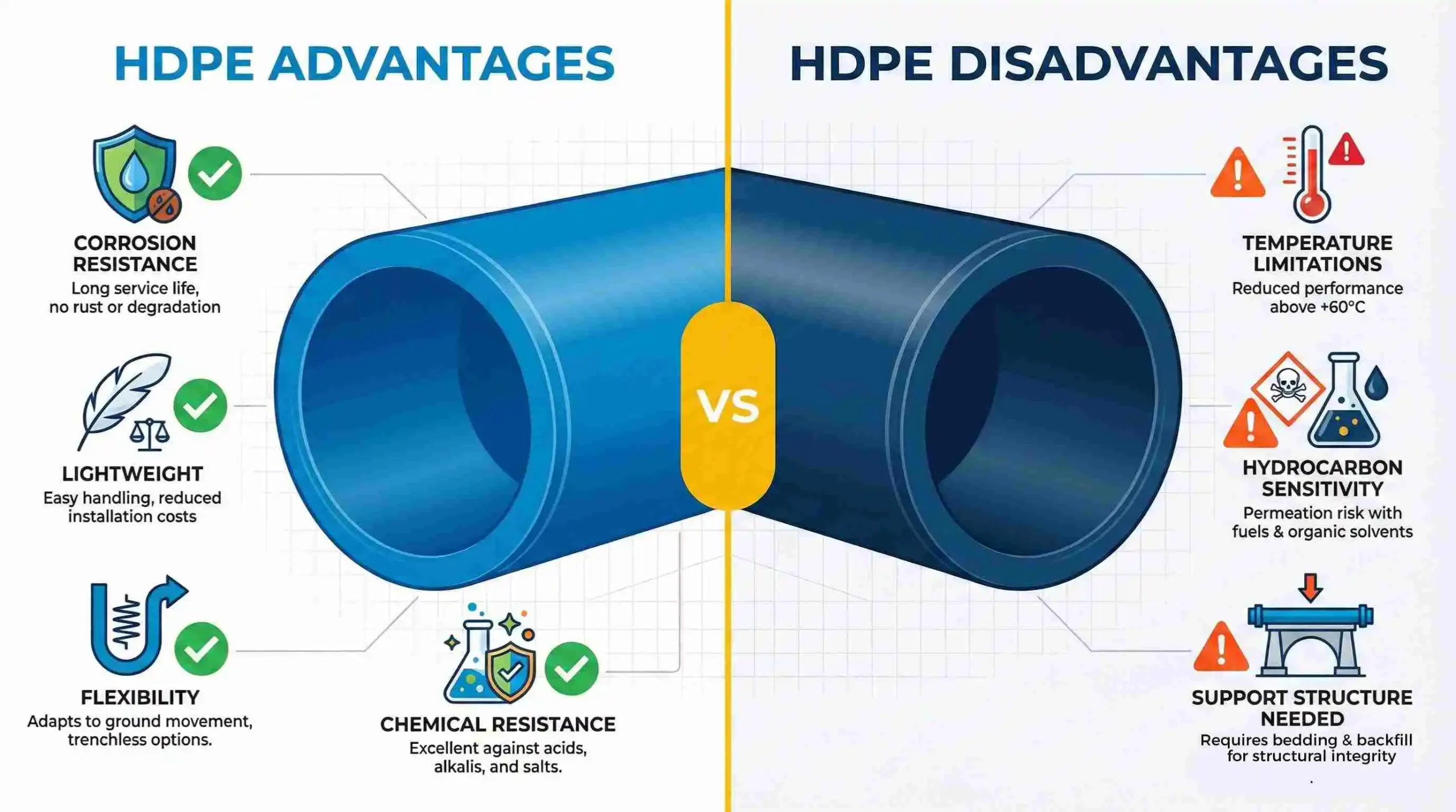 Comparación visual de ventajas y desventajas del HDPE: resistencia a corrosión, flexibilidad y limitaciones de temperatura en tuberías industriales