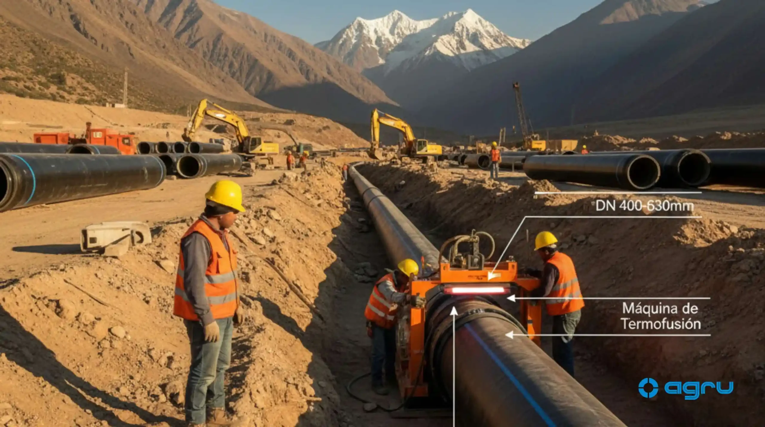 Instalación profesional de tubería HDPE PE 100-RC en obra minera chilena con trabajadores realizando termofusión a tope usando máquina especializada, tubería de gran diámetro con líneas azules identificatorias y Cordillera de los Andes al fondo