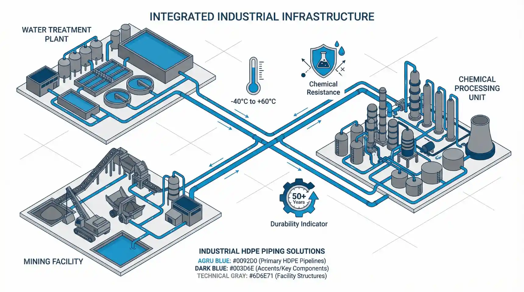 Infraestructura industrial moderna con sistemas de tuberías HDPE conectando planta de tratamiento de agua, instalación minera y planta química, perspectiva isométrica técnica