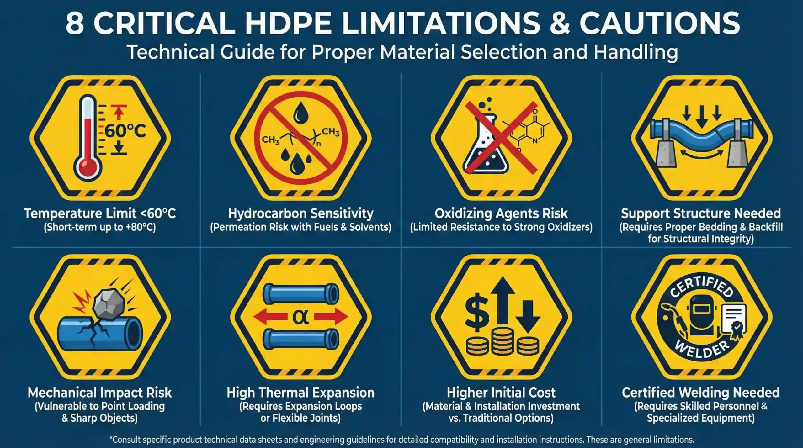 Limitaciones técnicas del HDPE: restricciones de temperatura hasta 60°C, permeabilidad a hidrocarburos, expansión térmica y necesidad de soldadores certificados