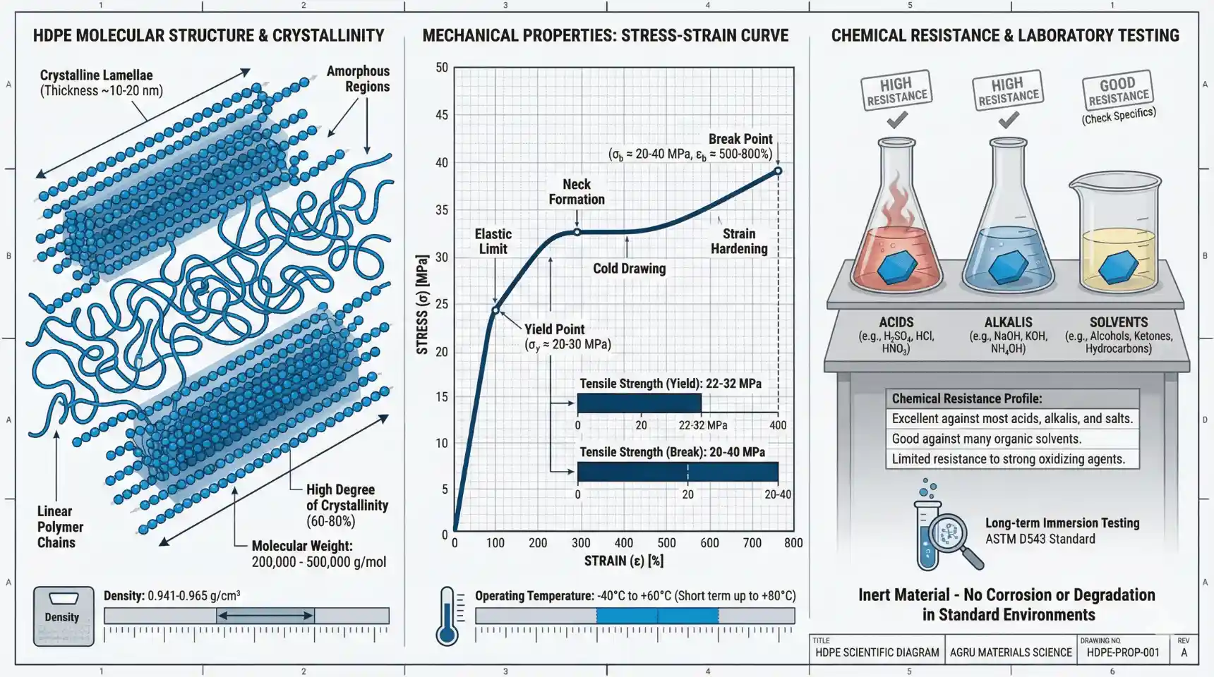 Diagrama técnico de propiedades del HDPE: estructura cristalina molecular, curva de esfuerzo-deformación mecánica, y resistencia química a ácidos y álcalis con especificaciones técnicas
