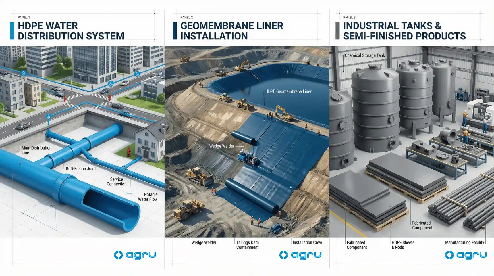 Aplicaciones industriales del HDPE: sistema de distribución de agua potable, instalación de geomembrana en minería, y tanques industriales con productos semi-acabados
