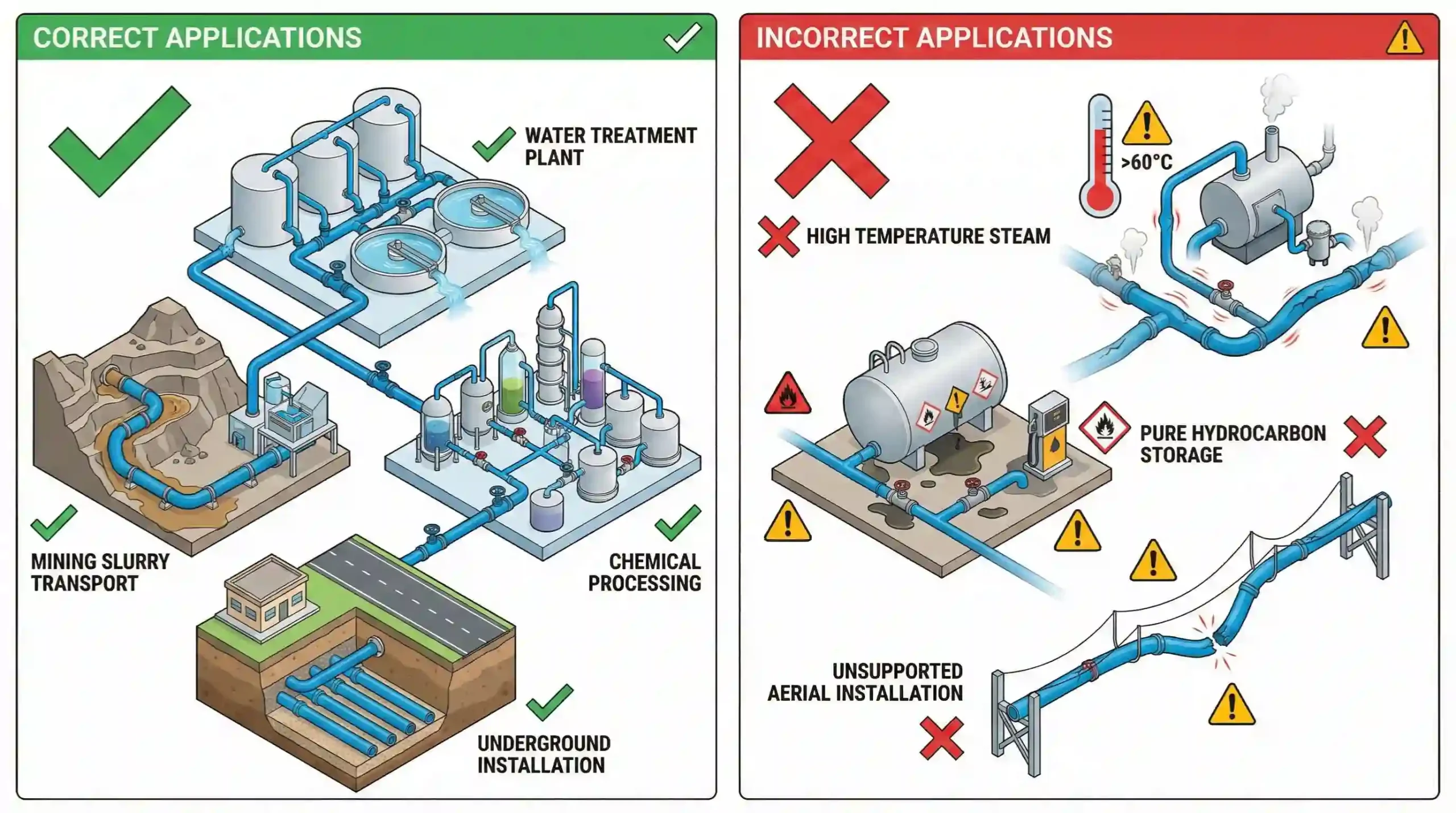 Aplicaciones correctas e incorrectas del HDPE: ideal para agua, minería y químicos; no recomendado para altas temperaturas ni hidrocarburos puros