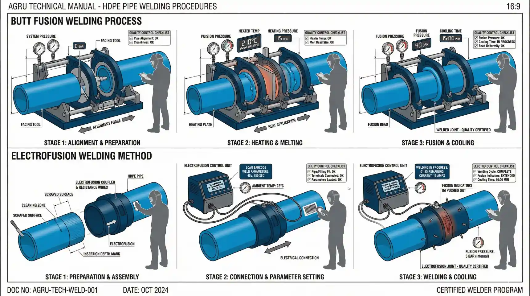 Proceso técnico de instalación y soldadura de tuberías HDPE: método de termofusión a tope en tres etapas y método de electrofusión con fitting, incluyendo parámetros de temperatura y presión