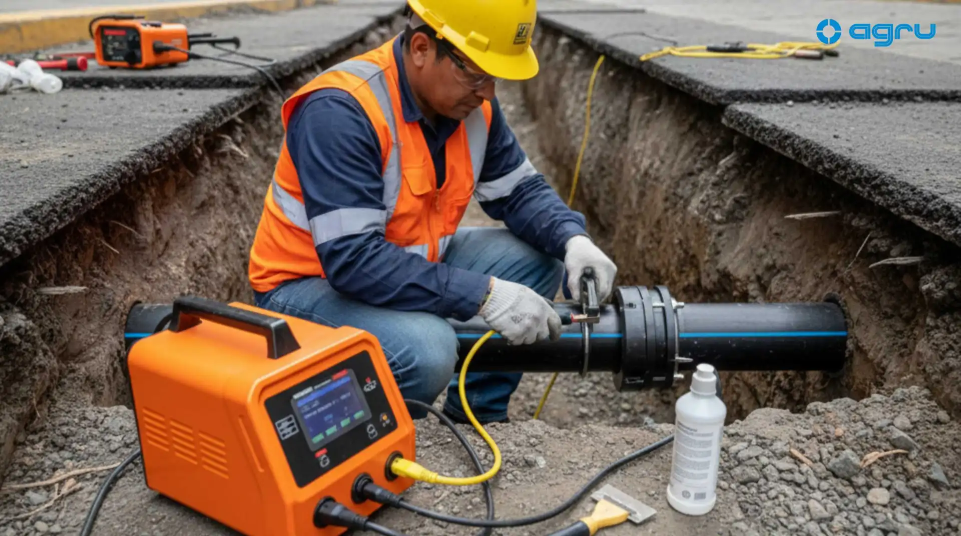 Técnico certificado realizando electrofusión en tubería HDPE PE 100 DN 110 en zanja urbana estrecha de 35cm, conectando unidad de control portátil a fitting coupler con cables eléctricos, mostrando ventaja de instalación en espacios confinados versus termofusión