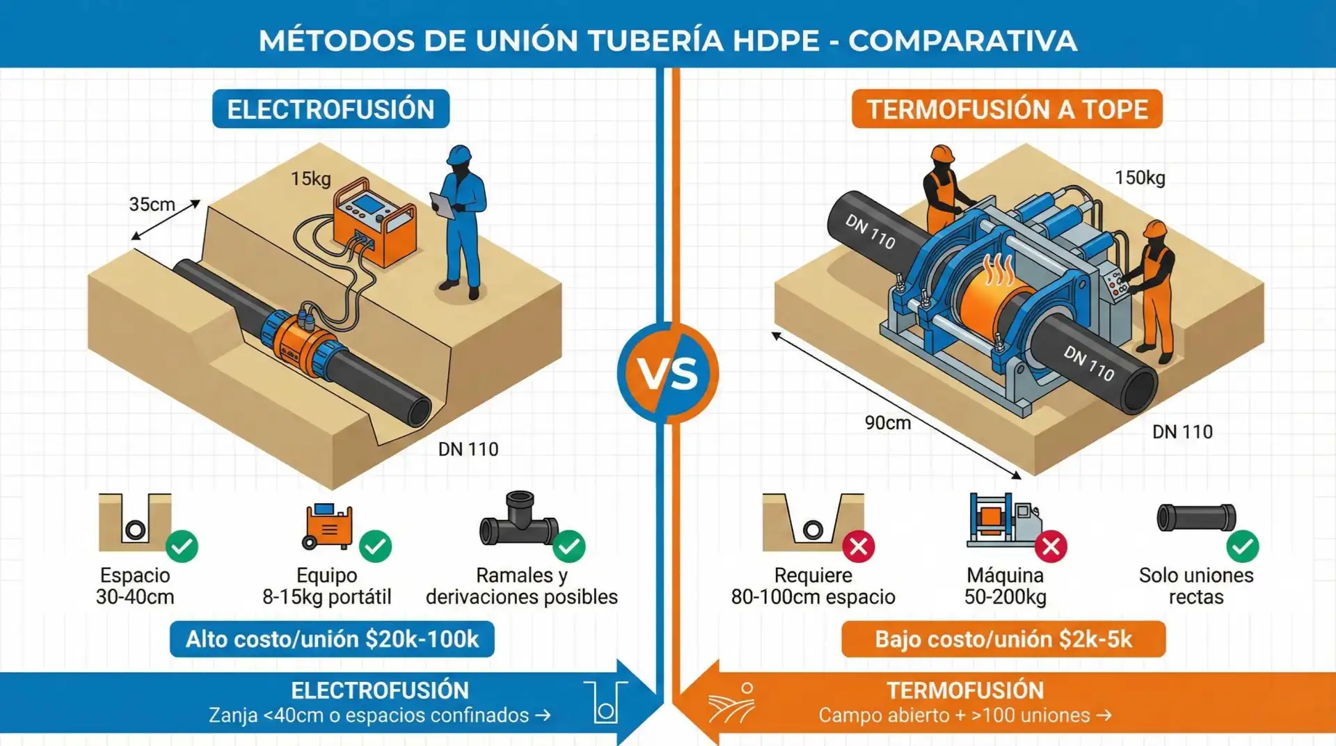 Infografía comparativa flat design de electrofusión vs termofusión mostrando ventajas espaciales (zanja 30-40cm, equipo 8-15kg portátil) versus termofusión para alto volumen en campo abierto con dimensiones y costos por unión