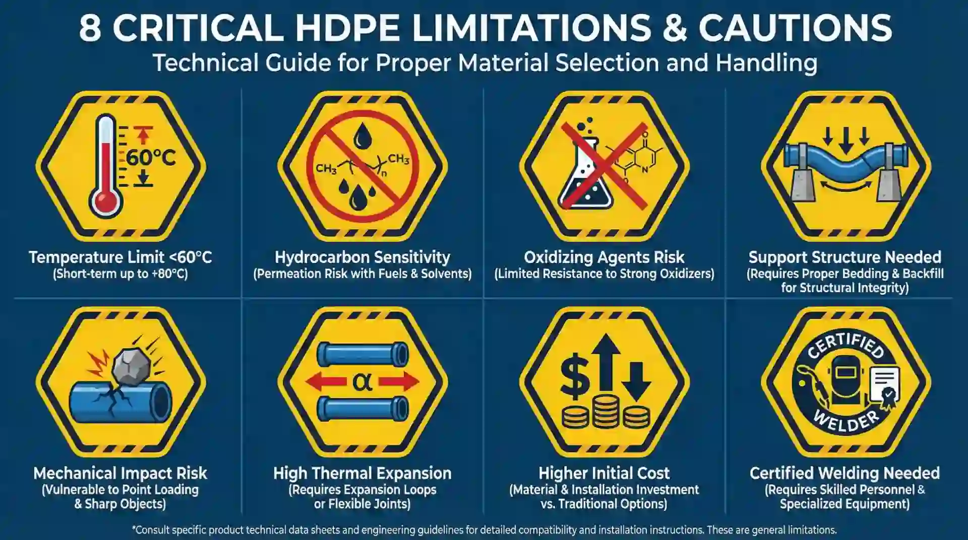 Limitaciones técnicas del HDPE: restricciones de temperatura hasta 60°C, permeabilidad a hidrocarburos, expansión térmica y necesidad de soldadores certificados