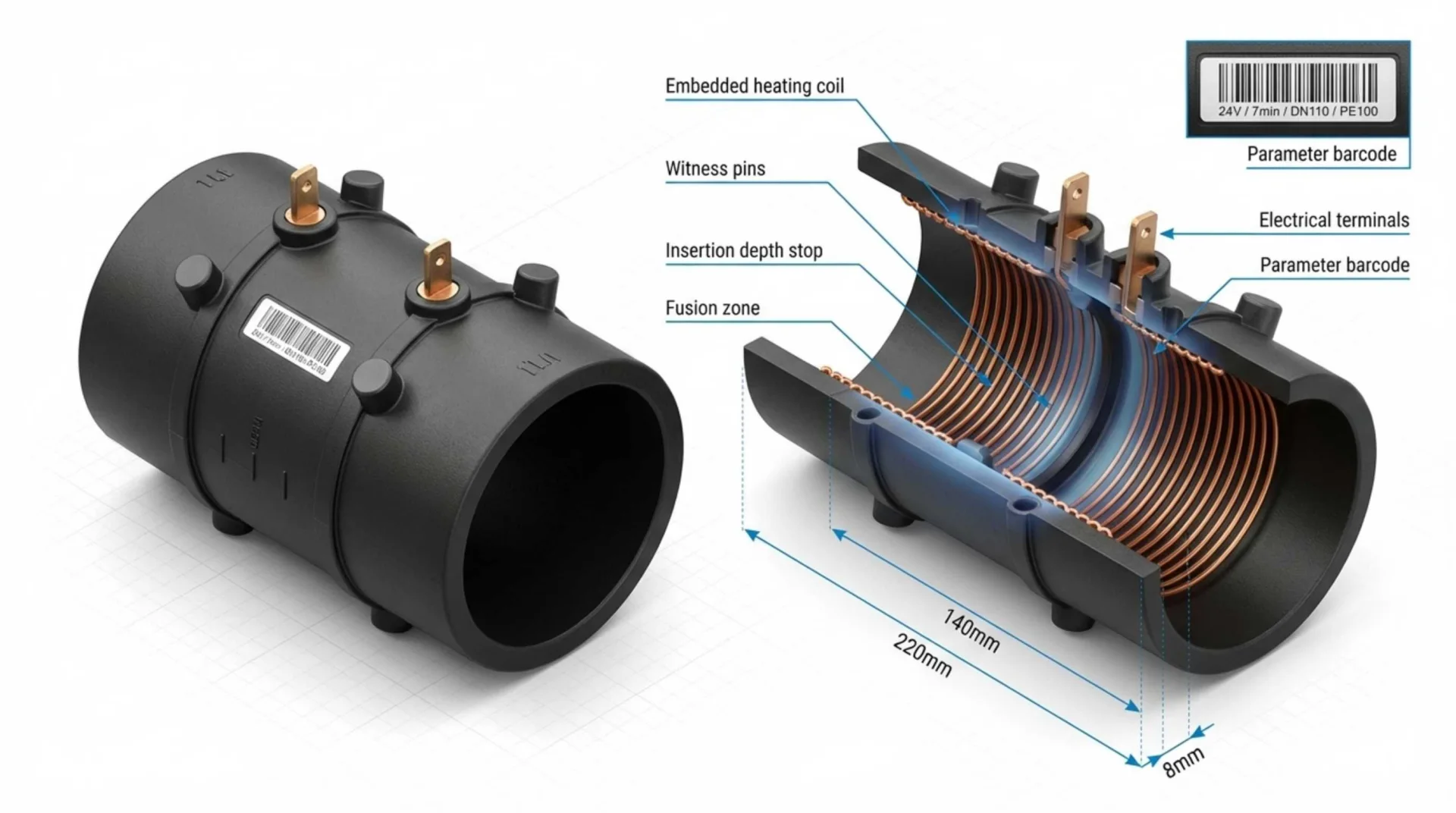 Render 3D técnico de sección transversal cutaway de fitting de electrofusión HDPE mostrando estructura interna con resistencias eléctricas en espiral embebidas, pines testigo indicadores, zona de fusión molecular y código de barras con parámetros