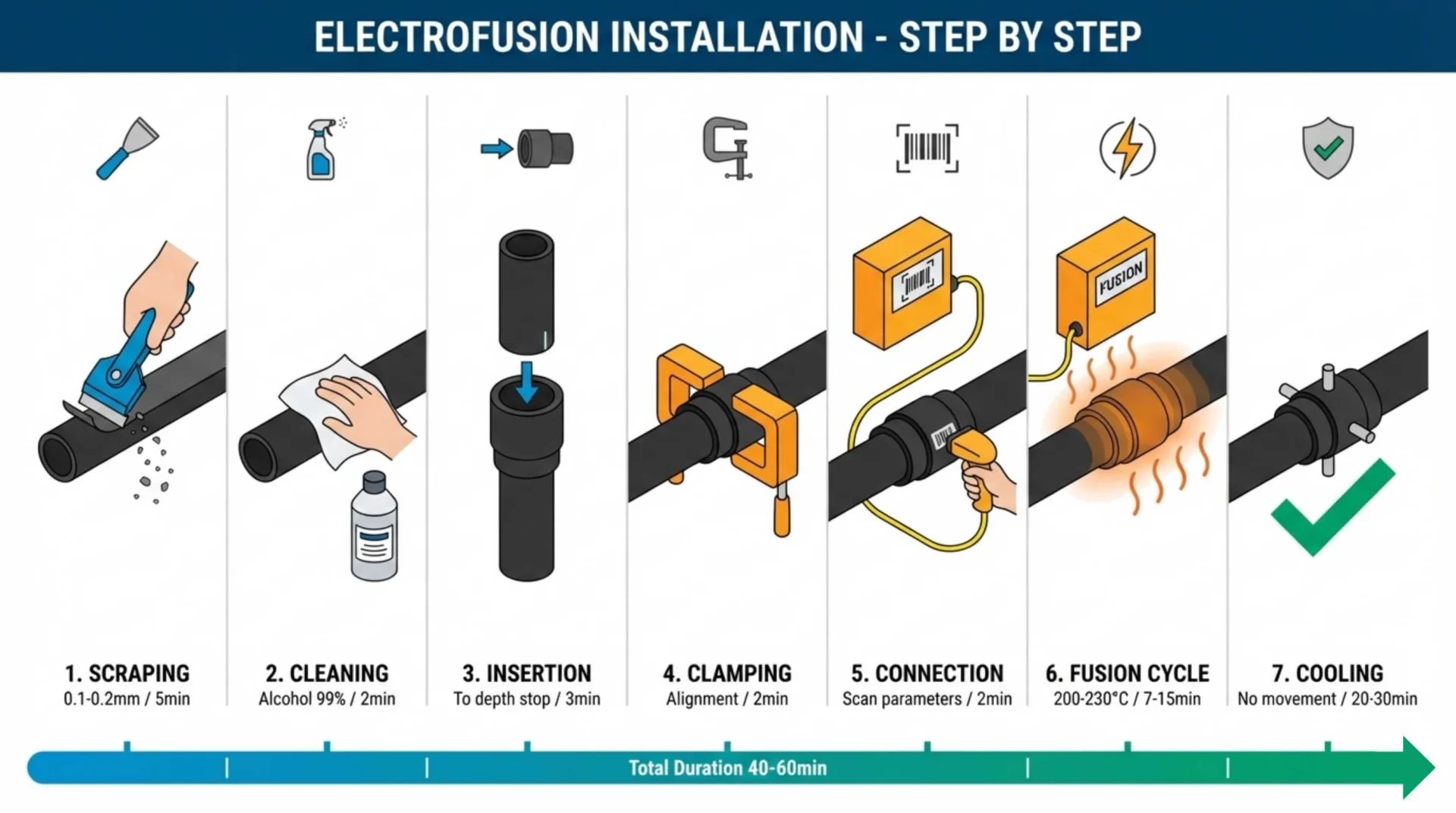 Infografía flat design de procedimiento electrofusión HDPE en 7 pasos: raspado mecánico, limpieza alcohol, inserción fitting, clamps alineación, conexión eléctrica, ciclo fusión 200-230°C y enfriamiento 20-30 minutos sin movimiento