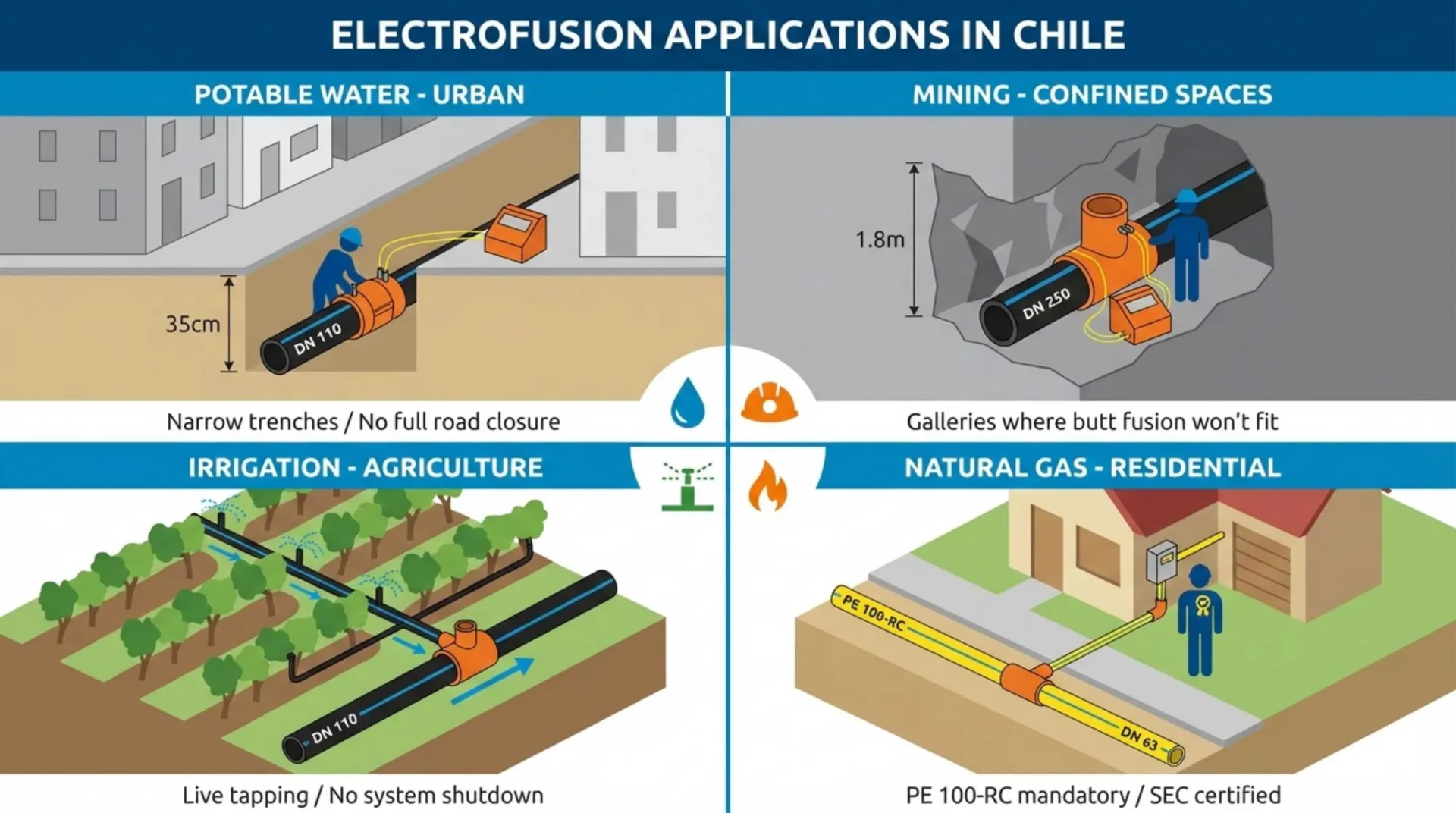 Ilustración flat design isométrica de 4 aplicaciones electrofusión HDPE en Chile: agua potable urbana zanjas estrechas, minería galerías confinadas, riego tecnificado tapping en vivo, gas natural acometidas PE 100-RC obligatorio