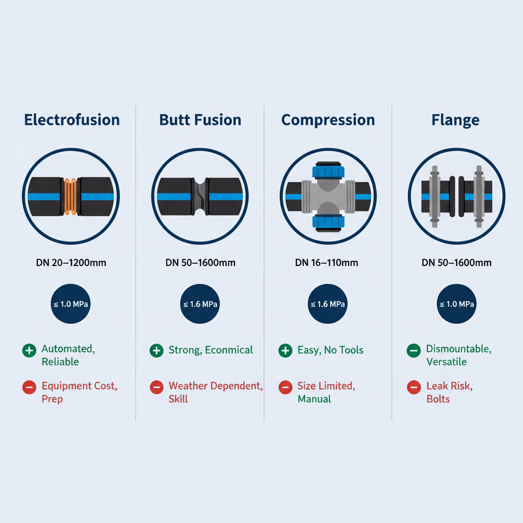 comparativa tipos de conexiones HDPE electrofusión termofusión compresión brida