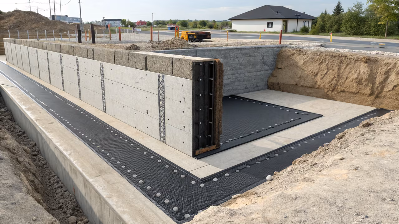 corte transversal liner HDPE con anclajes embebidos en hormigón