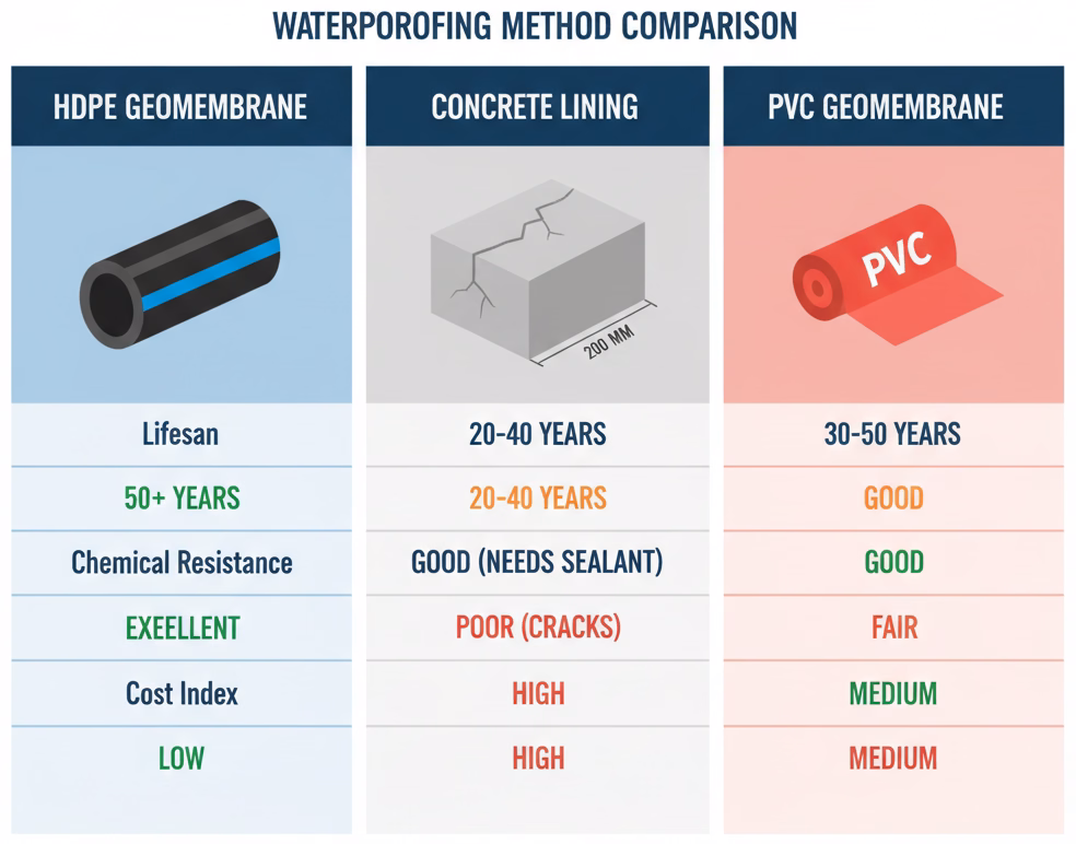 Comparación revestimiento HDPE versus concreto arcilla PVC impermeabilización canales