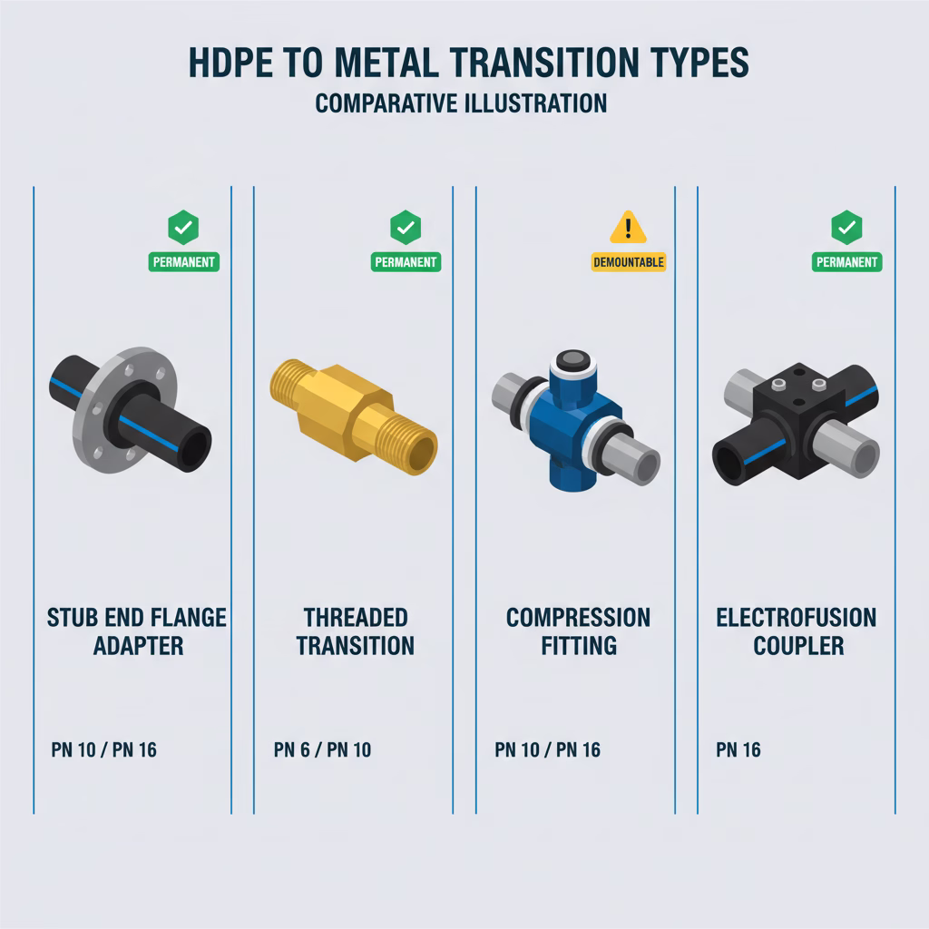 tipos de accesorios de transición HDPE a metal comparación técnica