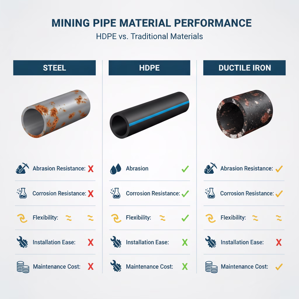 comparación tuberías HDPE acero hierro dúctil minería ventajas técnicas