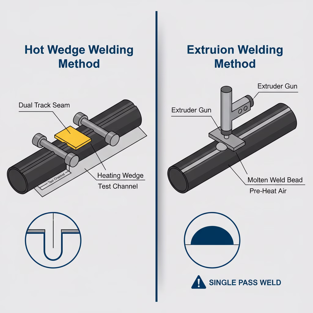 comparación métodos soldadura geomembrana HDPE cuña caliente extrusión